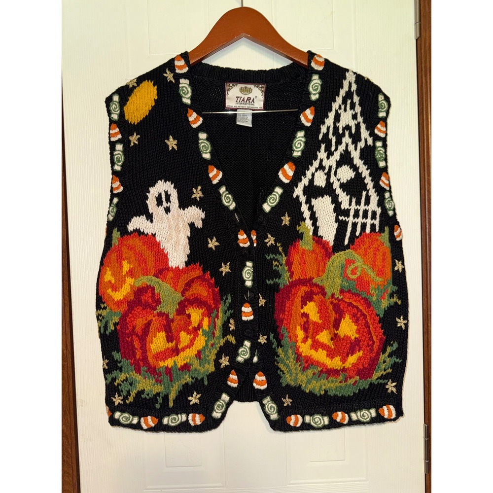 Tiara International Halloween Ghost Pumpkin Sweater Vest Large Vintage 1998 90s